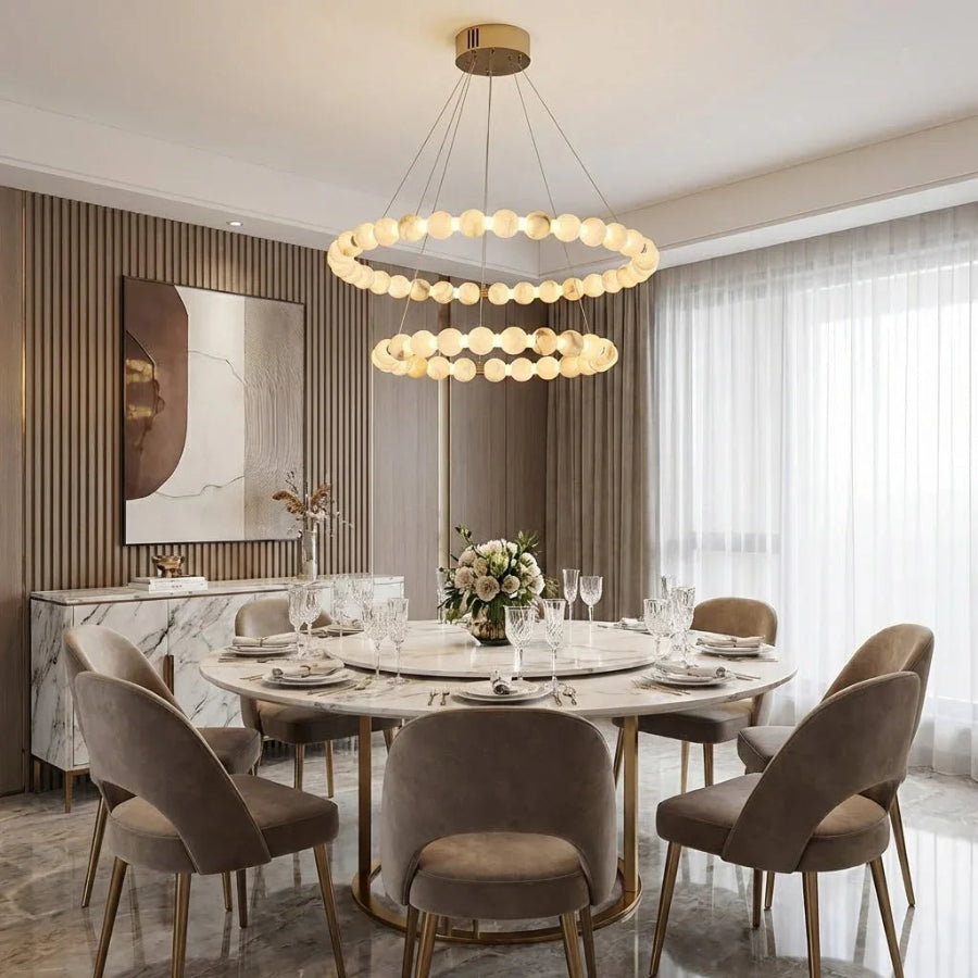 Moktan Sabai Alabaster Ring Chandelier – Gold Beaded LED Luxury Ceiling Light