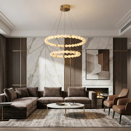 Moktan Sabai Alabaster Ring Chandelier – Gold Beaded LED Luxury Ceiling Light