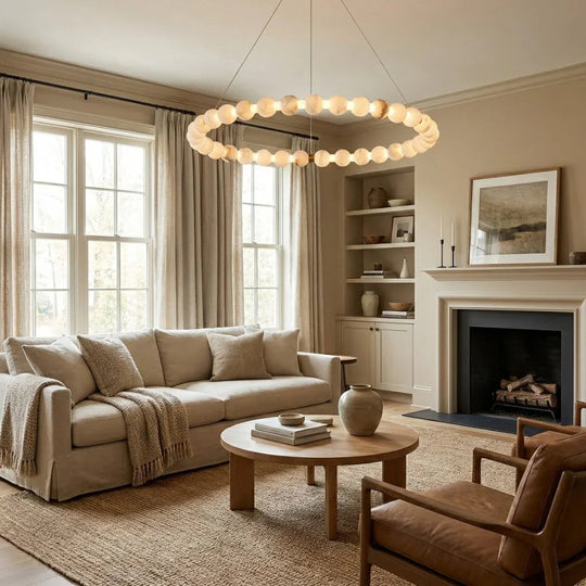 Moktan Sabai Alabaster Ring Chandelier – Gold Beaded LED Luxury Ceiling Light