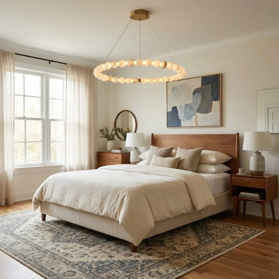 Moktan Sabai Alabaster Ring Chandelier – Gold Beaded LED Luxury Ceiling Light