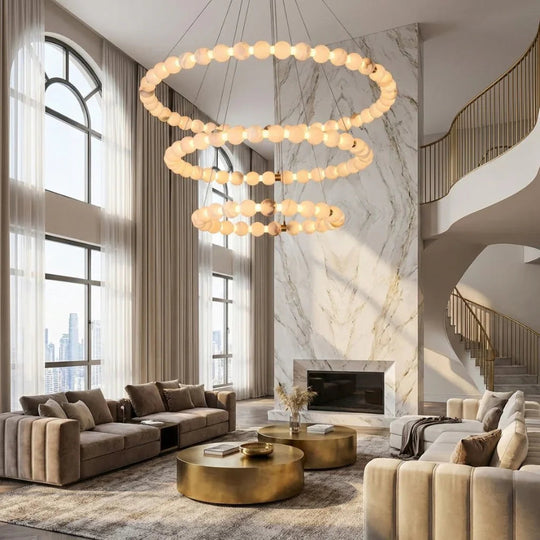 Moktan Sabai Alabaster Ring Chandelier – Gold Beaded LED Luxury Ceiling Light