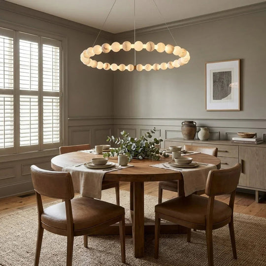 Moktan Sabai Alabaster Ring Chandelier – Gold Beaded LED Luxury Ceiling Light