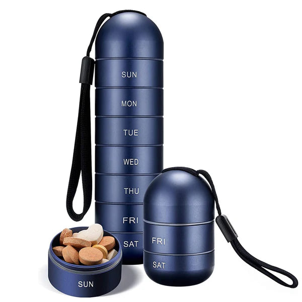 Moktan Sabai Waterproof Aluminum Pill Organizer 7 Day Travel Pill Box Case Blue