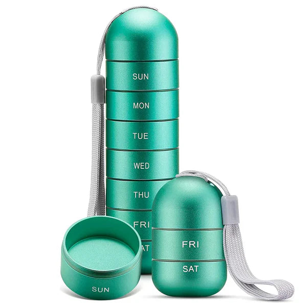Moktan Sabai Waterproof Aluminum Pill Organizer 7 Day Travel Pill Box Case Green