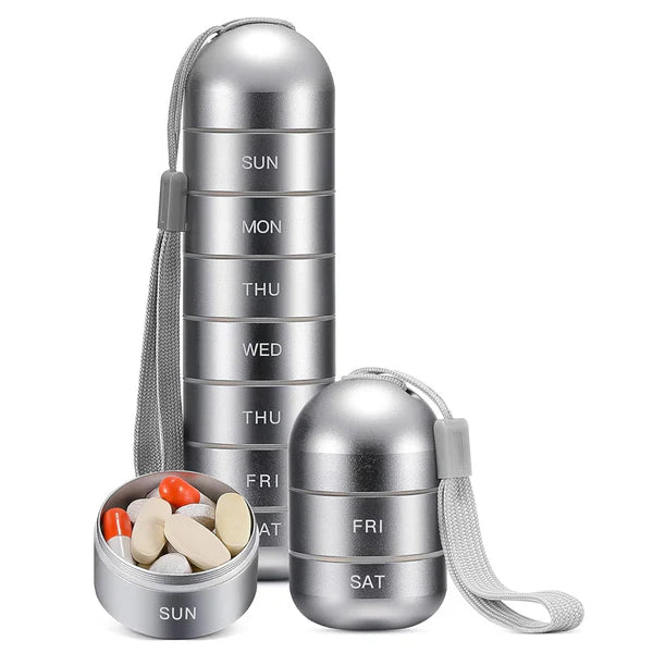 Moktan Sabai Waterproof Aluminum Pill Organizer 7 Day Travel Pill Box Case Silver