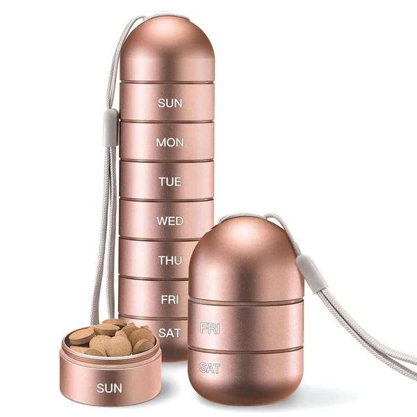 Moktan Sabai Waterproof Aluminum Pill Organizer 7 Day Travel Pill Box Case Rose Gold