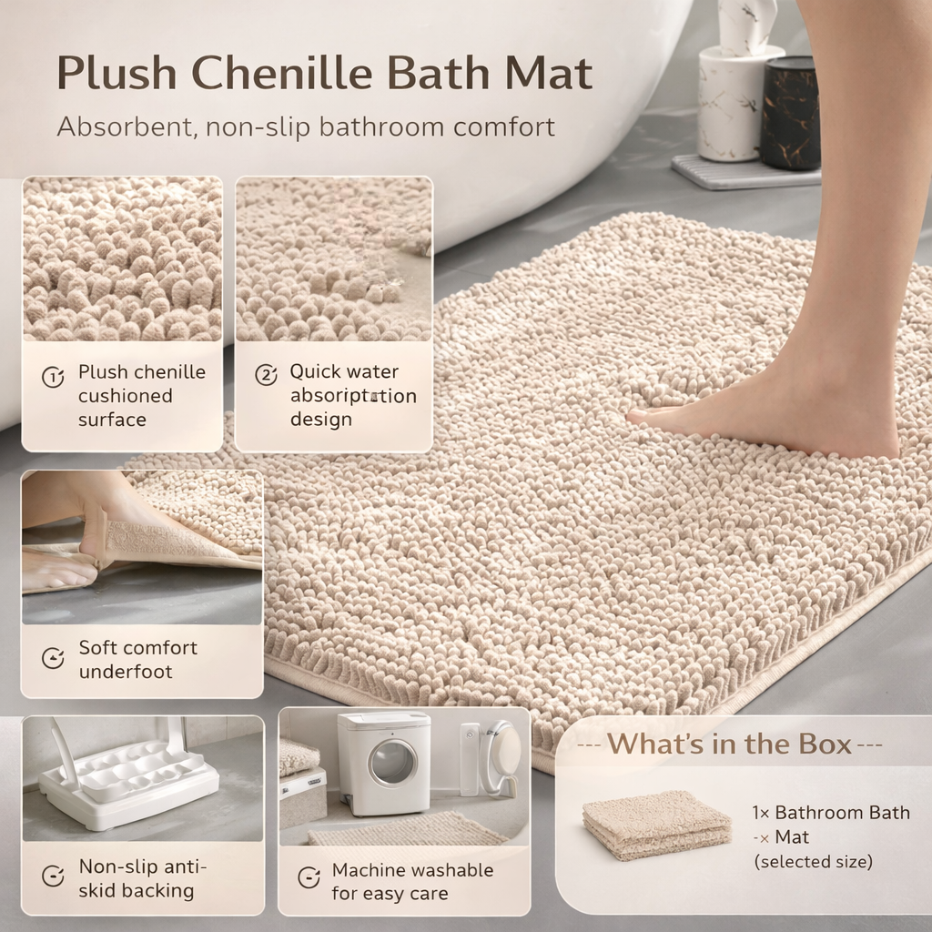 Moktan Sabai Chenille Absorbent Bath Mat Non-Slip Soft Bathroom Rug Machine Washable