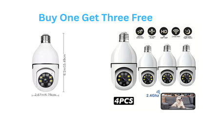 Set of security cameras with a 'Buy One Get Three Free' offer on a white background.