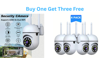 Security camera with 'Buy One Get Three Free' offer on a white background
