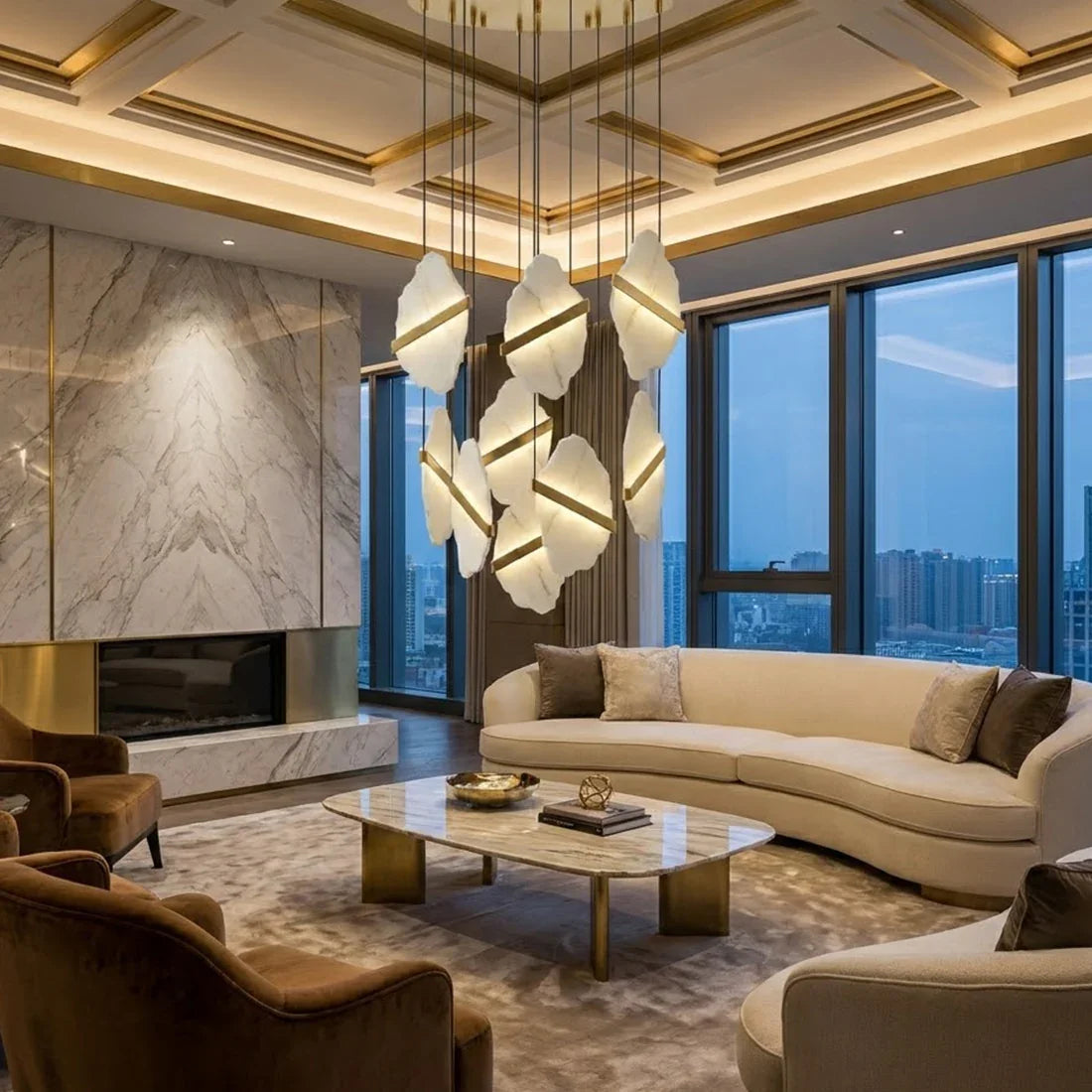 Moktan Sabai Cascading Alabaster Chandelier LED Gold Modern Staircase Light