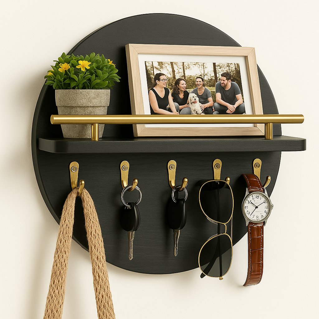 Moktan Sabai Round Wooden Key Holder Wall Mount Entryway Organizer Shelf Hooks Black Gold