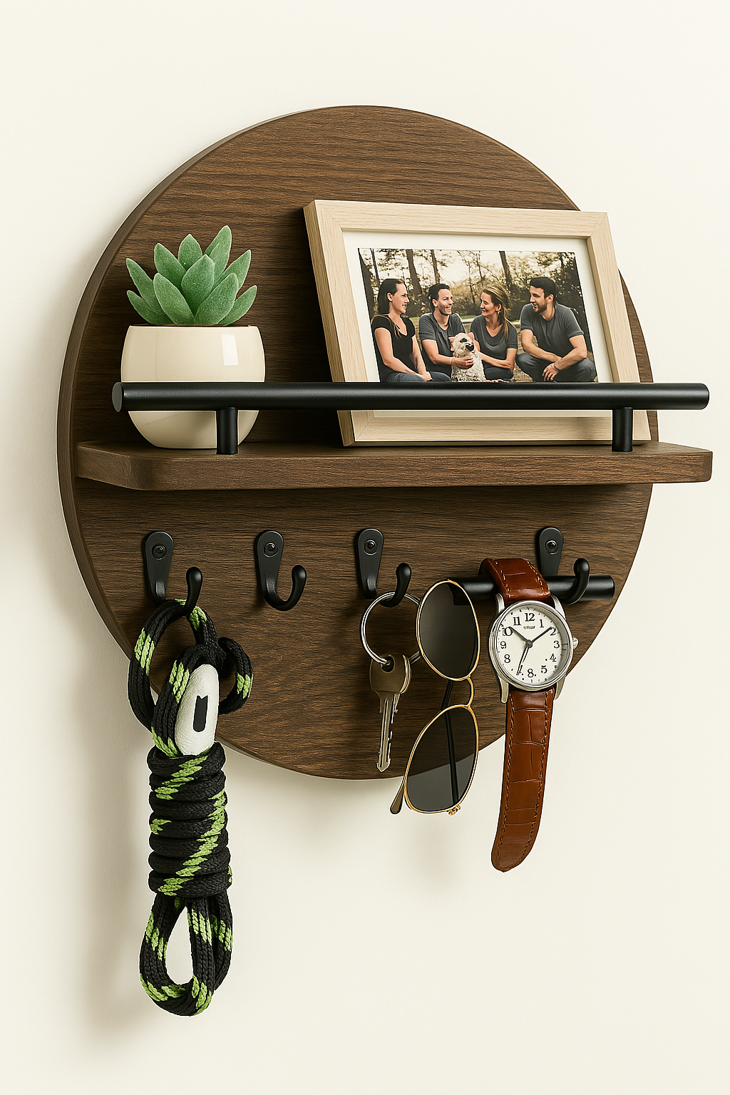 Moktan Sabai Round Wooden Key Holder Wall Mount Entryway Organizer Shelf Hooks Brown Black
