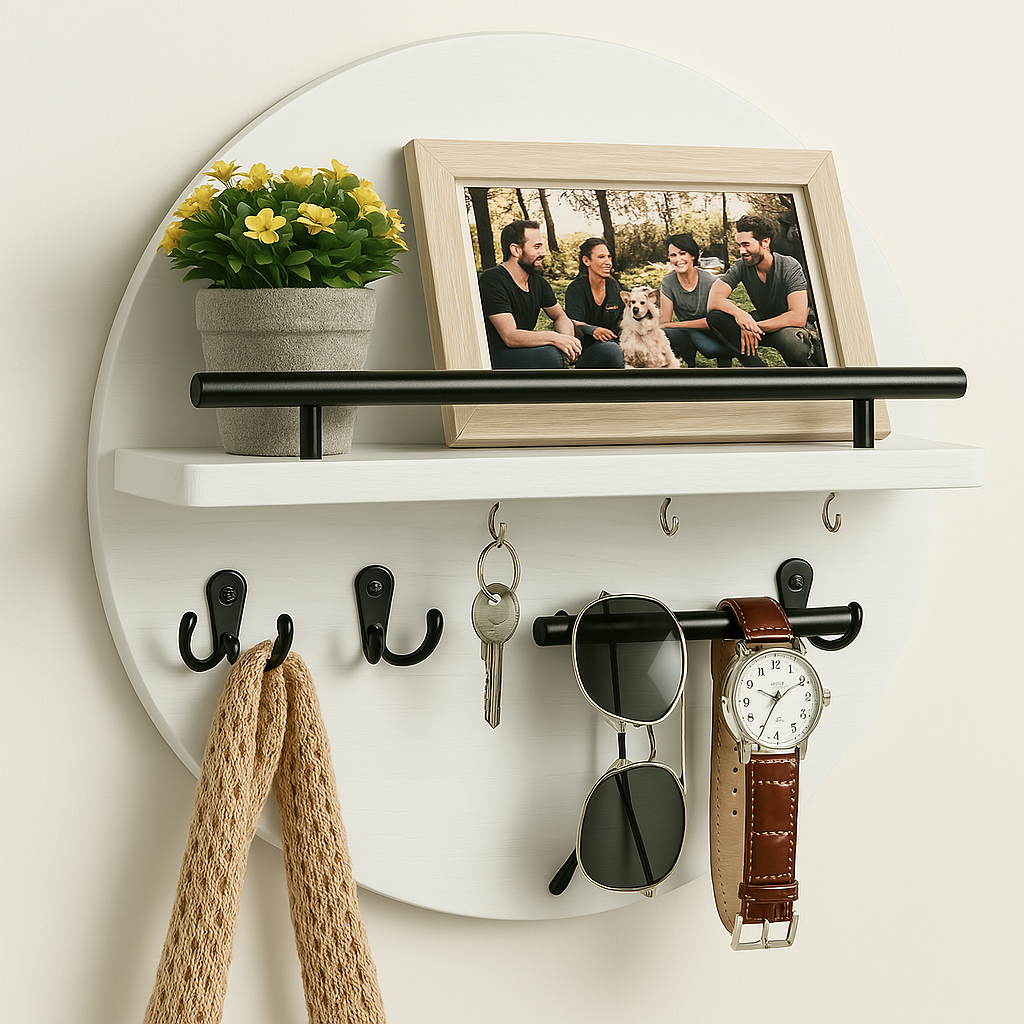 Moktan Sabai Round Wooden Key Holder Wall Mount Entryway Organizer Shelf Hooks White Black