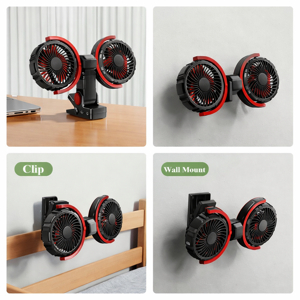 Moktan Sabai Cool Breeze | Portable Car Fan with Dual Heads & Rechargeable Battery | Adjustable Speed for Comfortable Travel Black Red