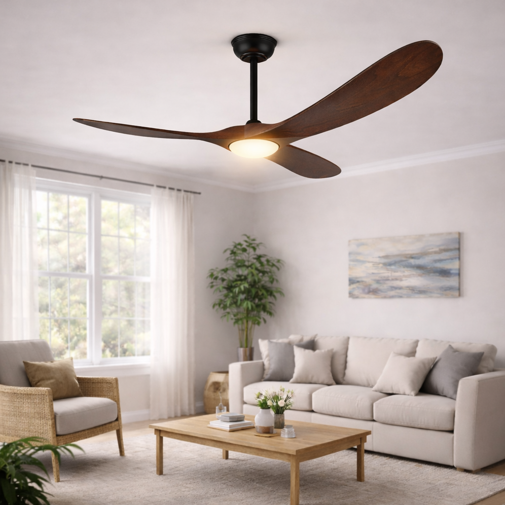 Moktan Sabai 52 Inch Walnut Ceiling Fan with LED Light 3-Blade DC Remote