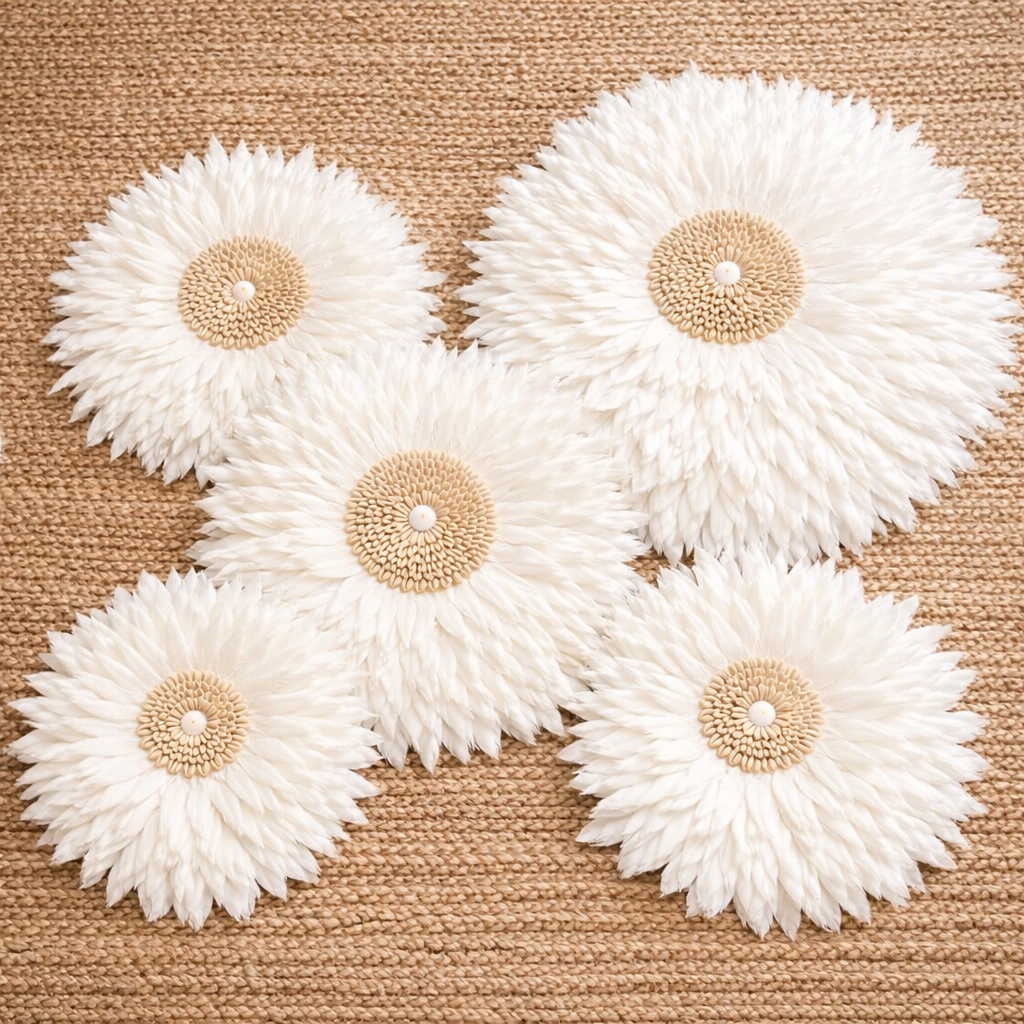 Moktan Sabai Feather Wall Hanging Juju Hat Decor with Shell or Mirror Center 14 Inches