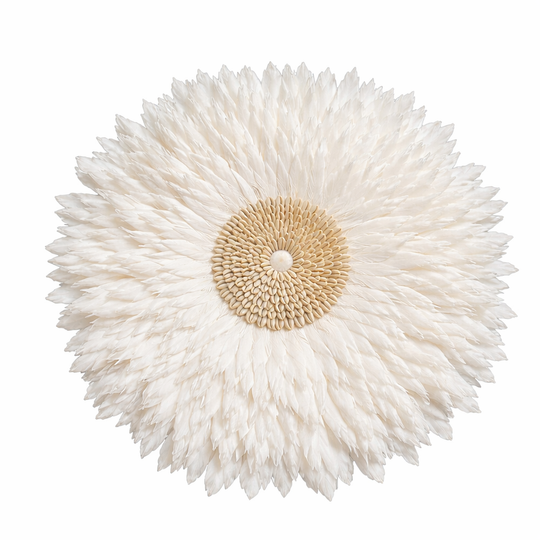 Moktan Sabai Feather Wall Hanging Juju Hat Decor with Shell or Mirror Center 26 inches