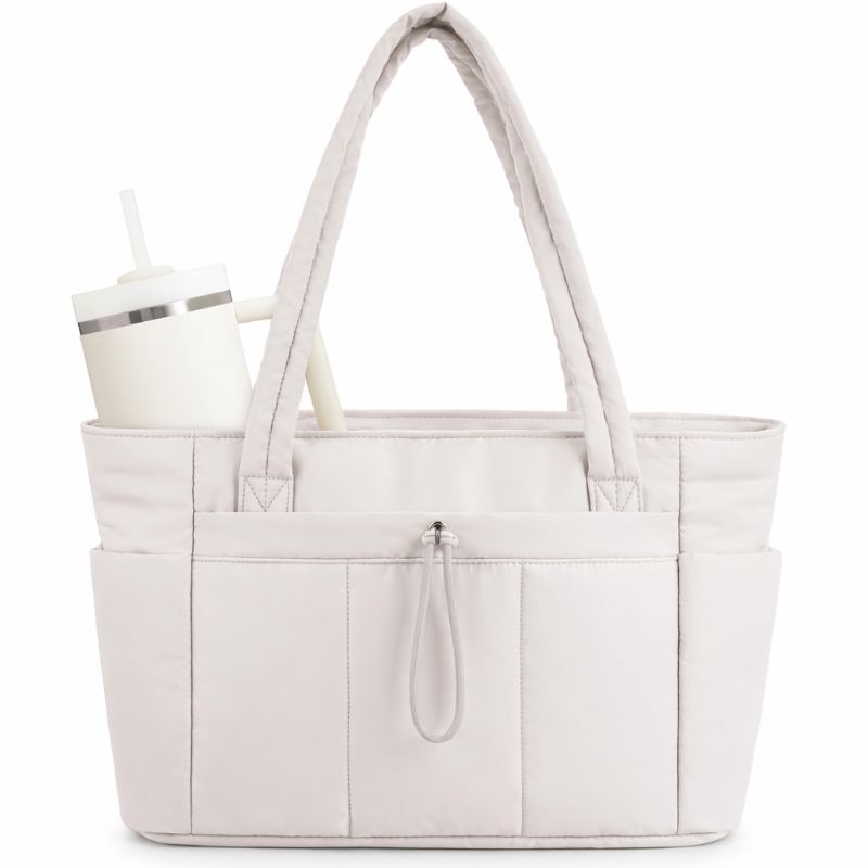 Moktan Sabai Quilted Puffer Tote Bag with Laptop Sleeve & Cup Holder 20L Travel Work Off-white