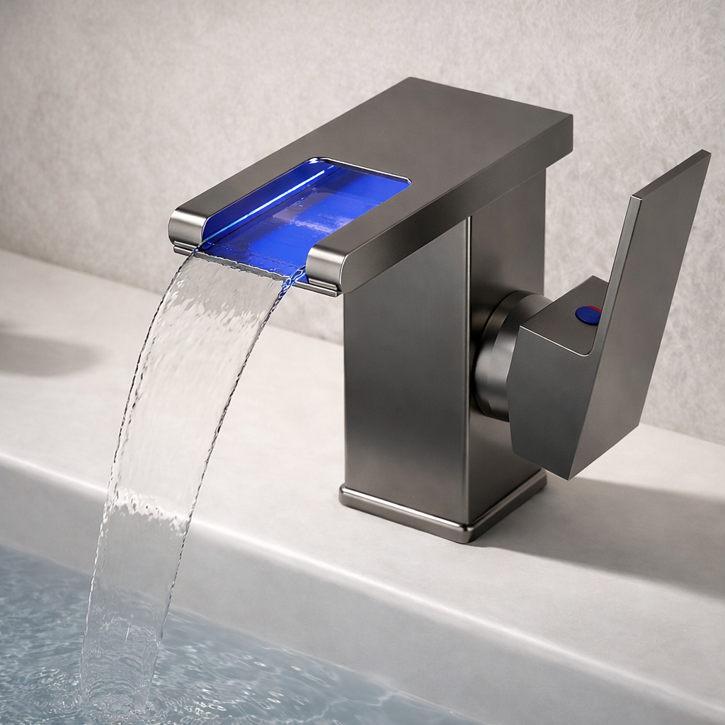 Moktan Sabai LED Bathroom Sink Faucet Hot Cold Tap Modern Brass Wash Basin Mixer Water Tap Gun ash LED Short