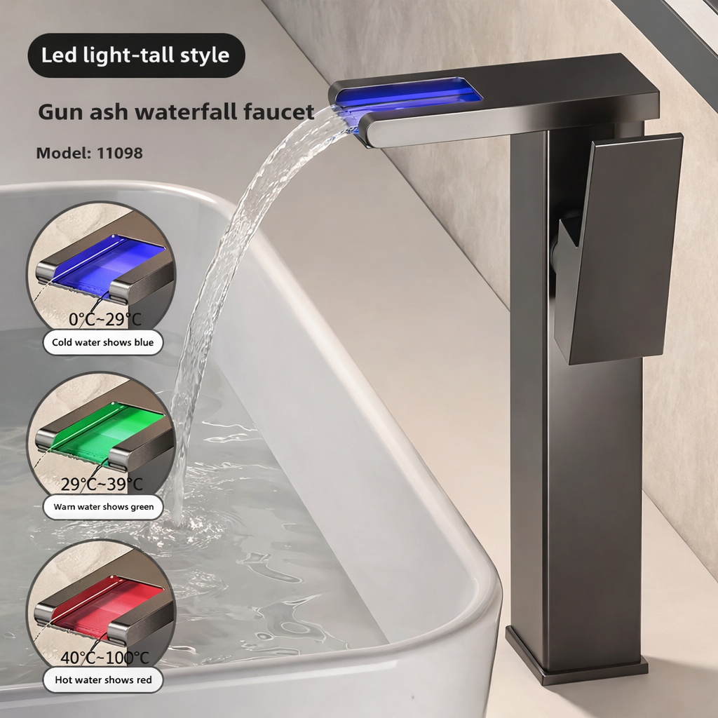 Moktan Sabai LED Bathroom Sink Faucet Hot Cold Tap Modern Brass Wash Basin Mixer Water Tap