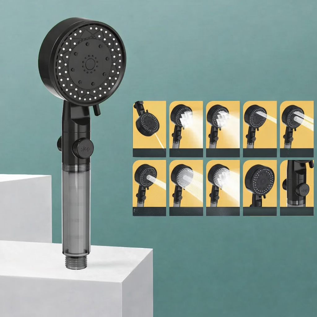 Moktan Sabai High Pressure Water Saving Shower Head Handheld with 10 Spray Modes Filter Nozzle black shower head