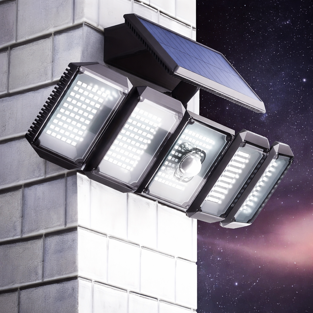 Moktan Sabai Solar Motion Sensor Flood Light – 300 LED, 5-Head, 7000K, Remote, Outdoor Use