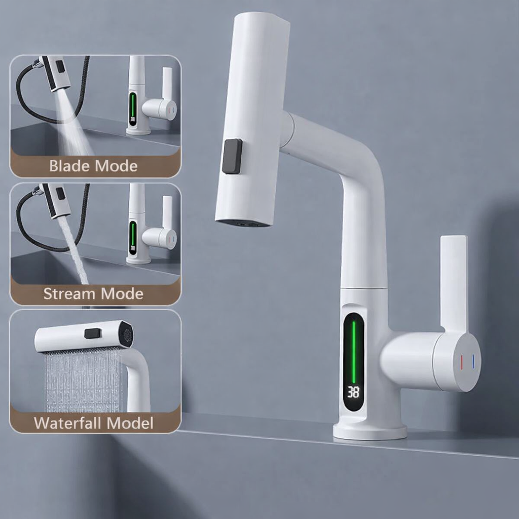 Moktan Sabai Pull Out Waterfall Kitchen Faucet Digital Display Hot Cold Mixer Sink Tap White