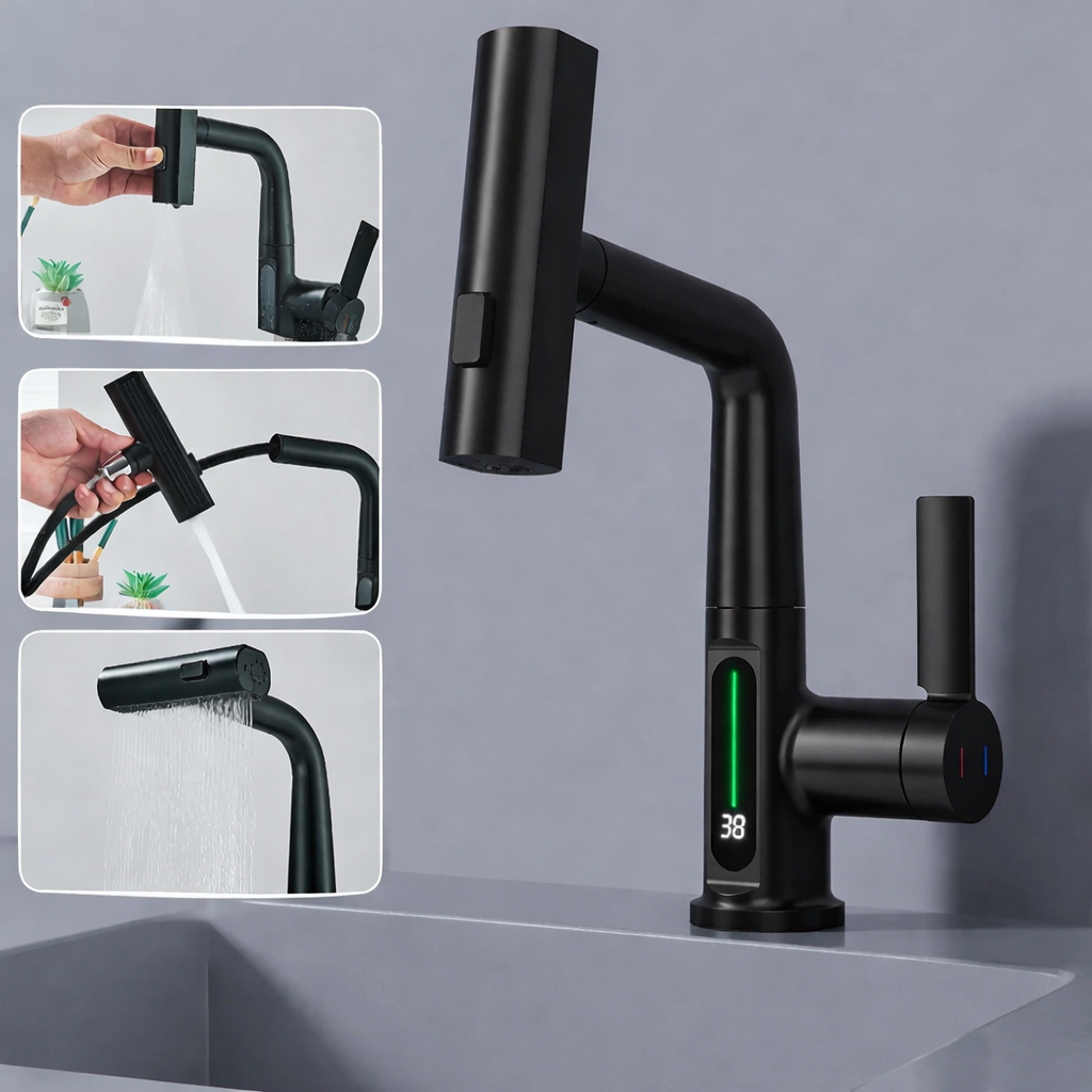 Moktan Sabai Pull Out Waterfall Kitchen Faucet Digital Display Hot Cold Mixer Sink Tap Black
