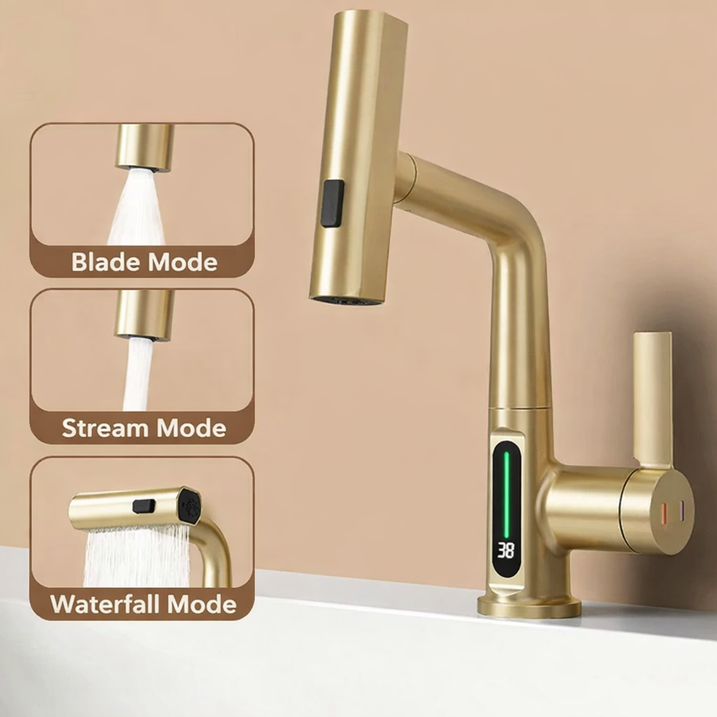 Moktan Sabai Pull Out Waterfall Kitchen Faucet Digital Display Hot Cold Mixer Sink Tap Brushed Gold
