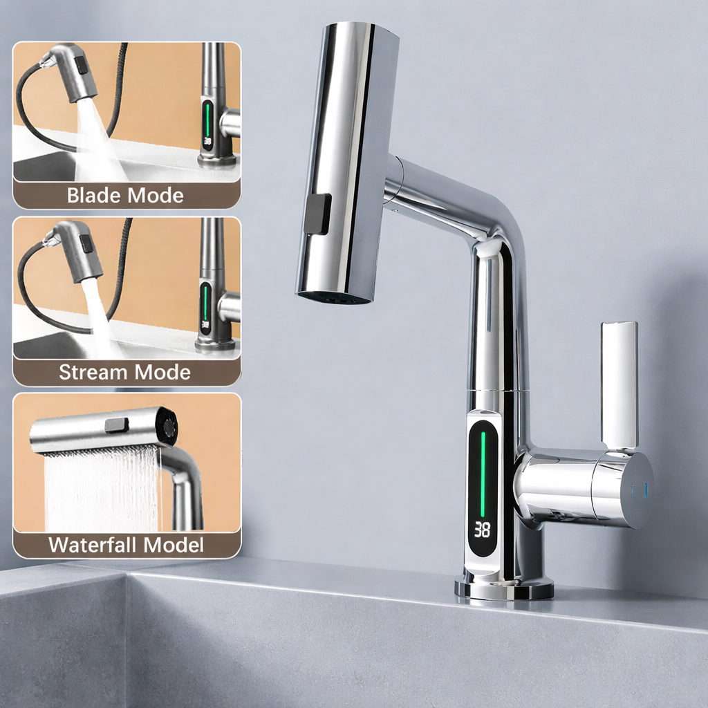 Moktan Sabai Pull Out Waterfall Kitchen Faucet Digital Display Hot Cold Mixer Sink Tap Chrome