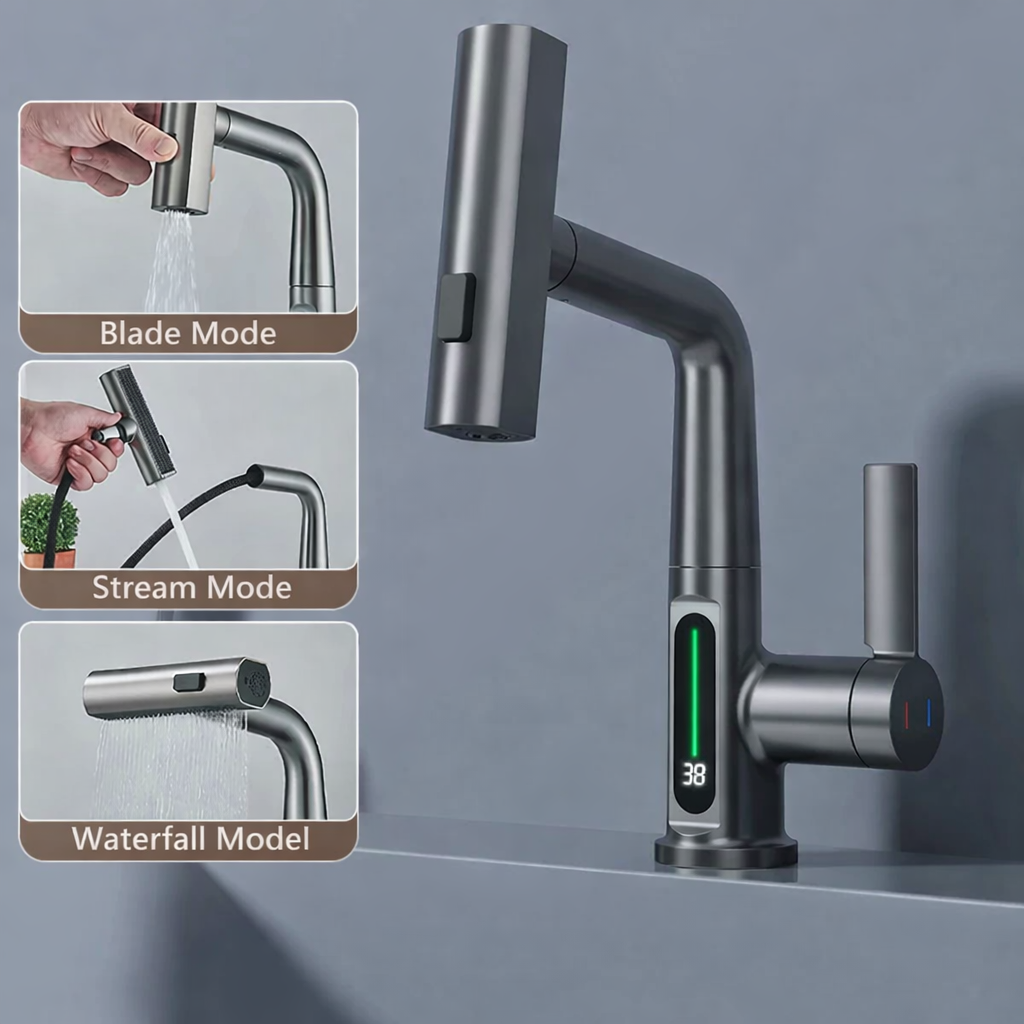 Moktan Sabai Pull Out Waterfall Kitchen Faucet Digital Display Hot Cold Mixer Sink Tap Gun Grey