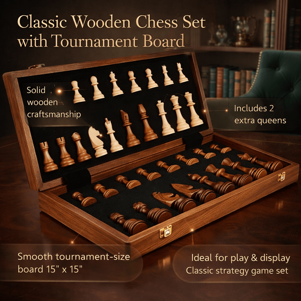 Moktan Sabai Wooden Chess Set 40cm Tournament Board Strategy Game with Extra Queens