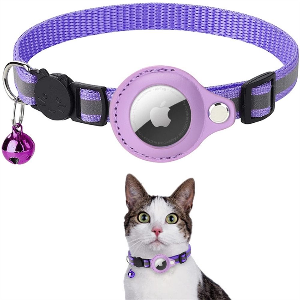 Moktan Sabai Reflective Cat Collar with GPS Tracker Holder Breakaway Safety Collar Violet With GPS Tracker (Apple)