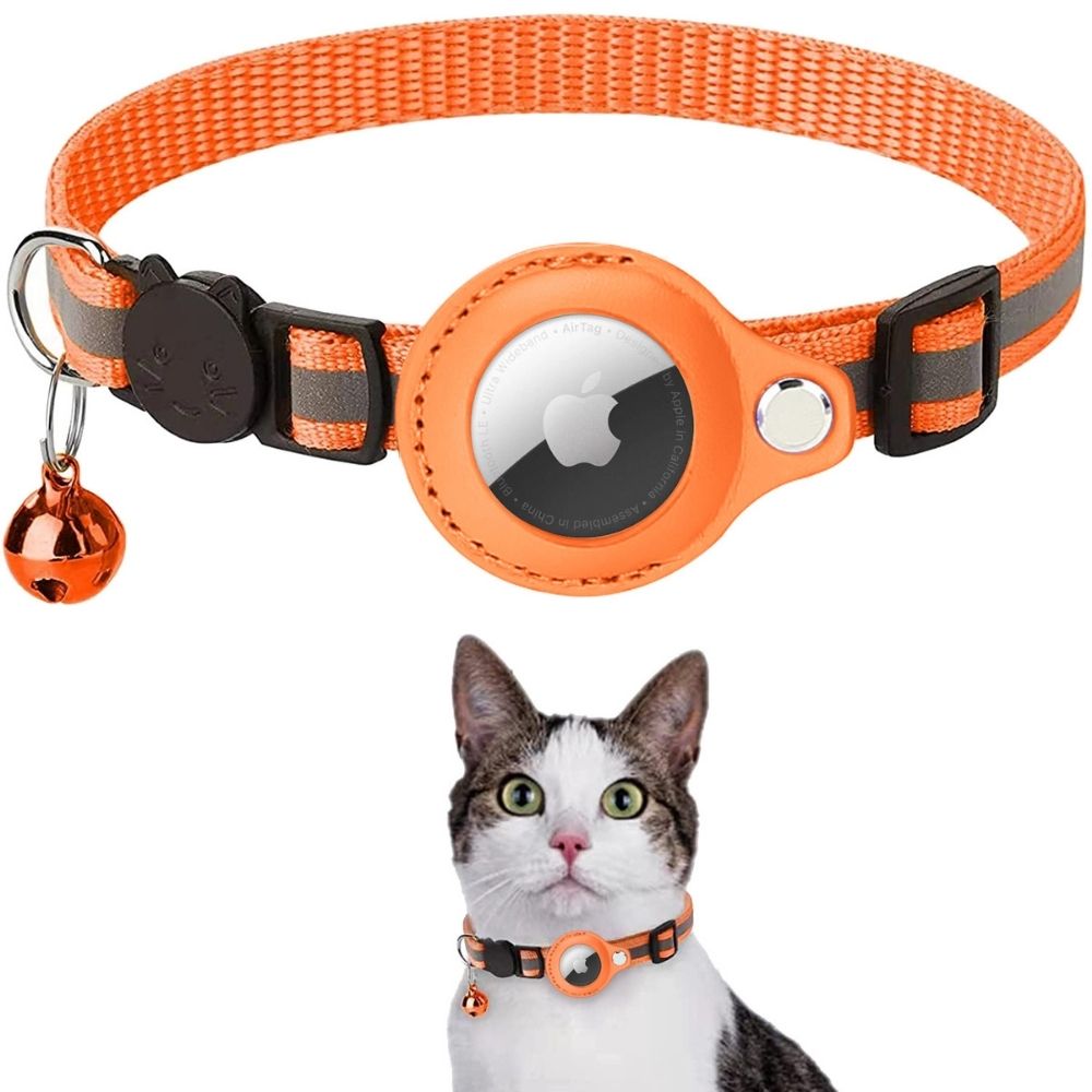 Moktan Sabai Reflective Cat Collar with GPS Tracker Holder Breakaway Safety Collar Orange With GPS Tracker (Apple)