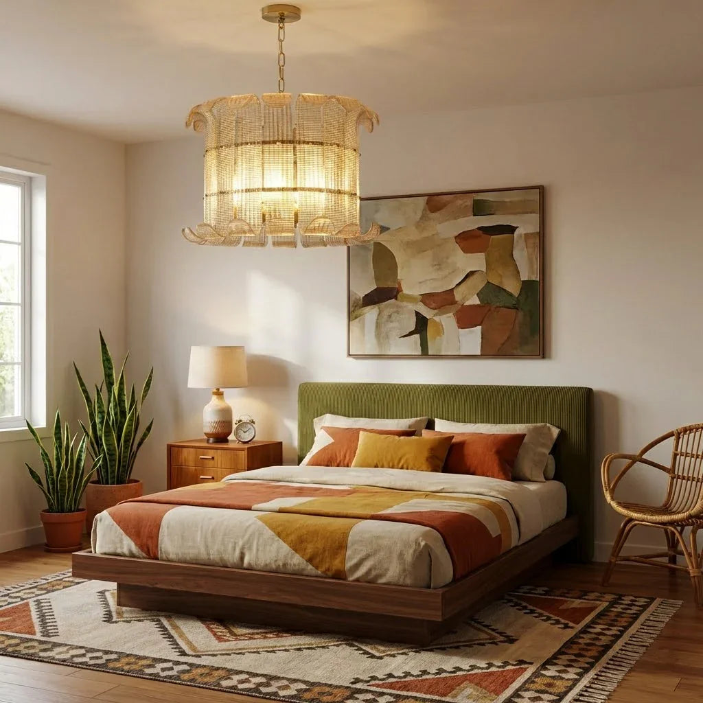 Moktan Sabai Curved Ribbed Glass Drum Chandelier – Gold Slat Pendant Light E12/E14