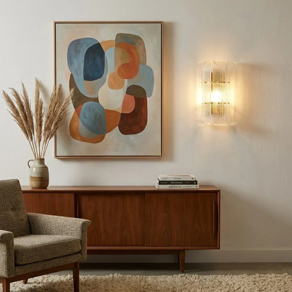 Moktan Sabai Curved Glass Drum Wall Lamp – Vintage Gold Black Grid Glass Sconce E12/E14