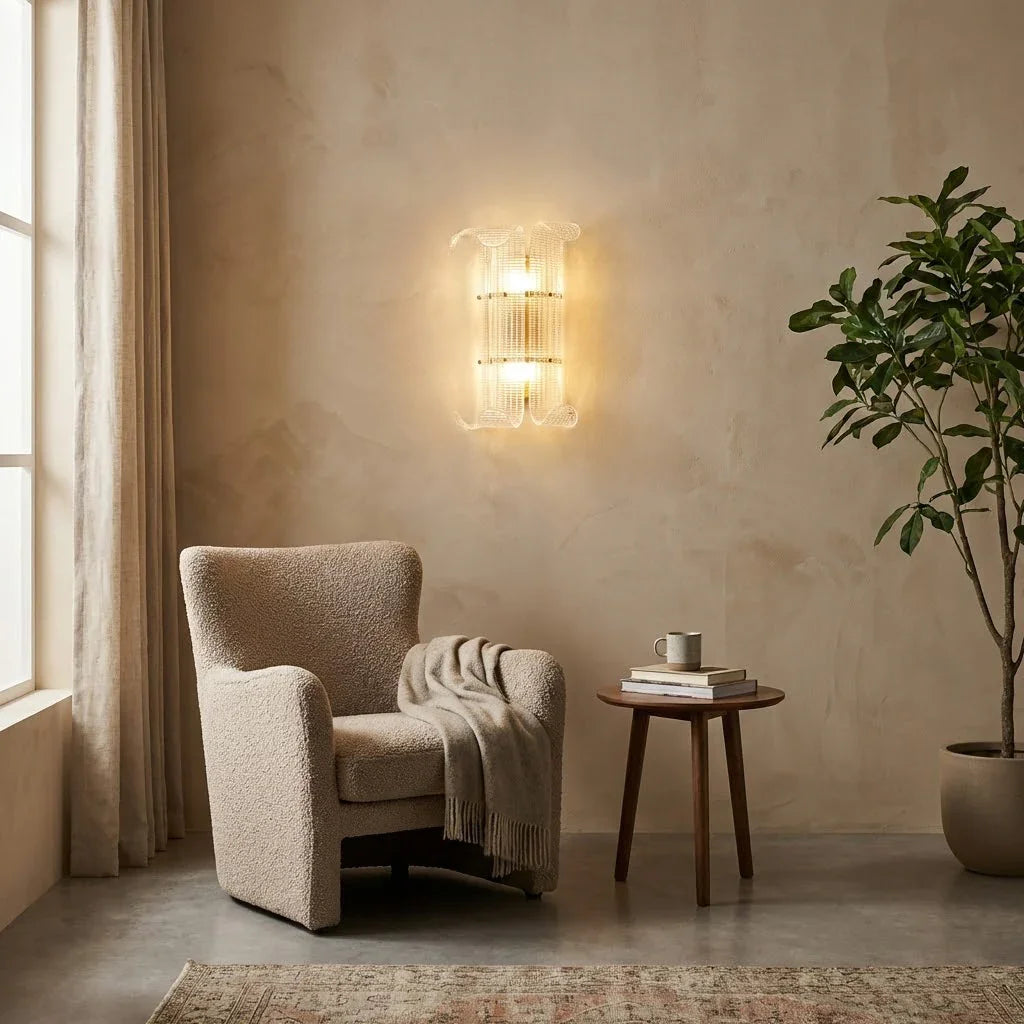 Moktan Sabai Curved Glass Drum Wall Lamp – Vintage Gold Black Grid Glass Sconce E12/E14