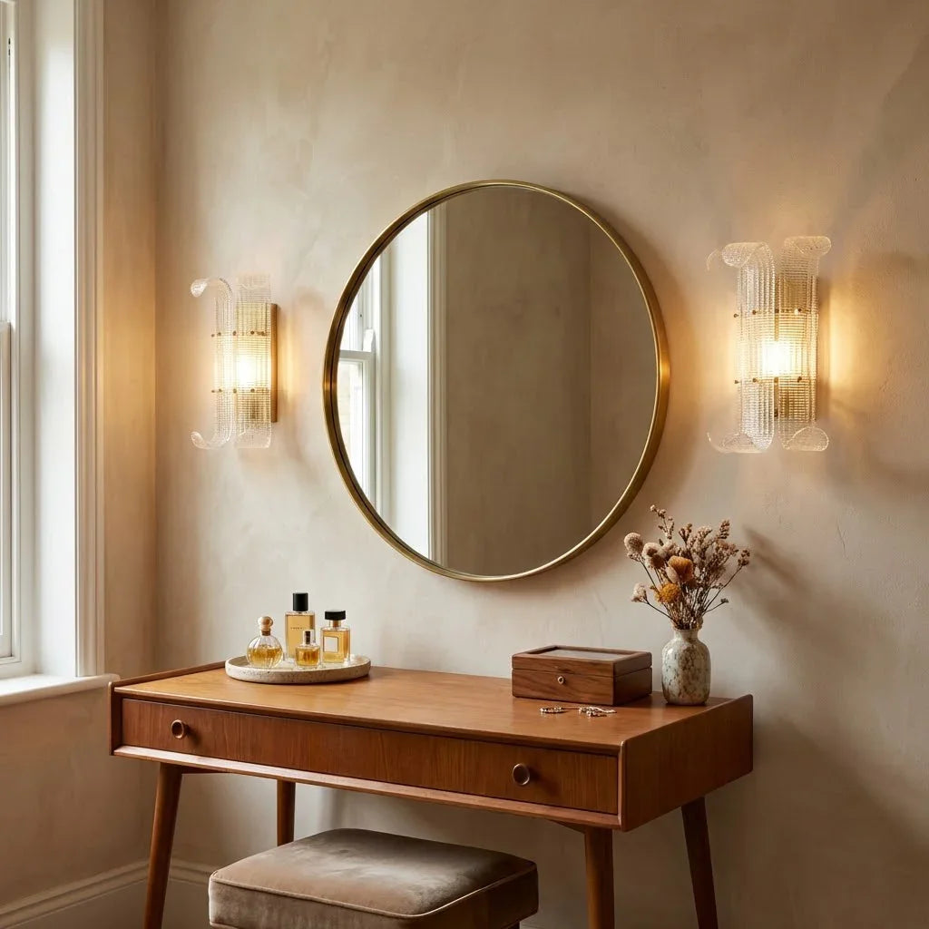 Moktan Sabai Curved Glass Drum Wall Lamp – Vintage Gold Black Grid Glass Sconce E12/E14