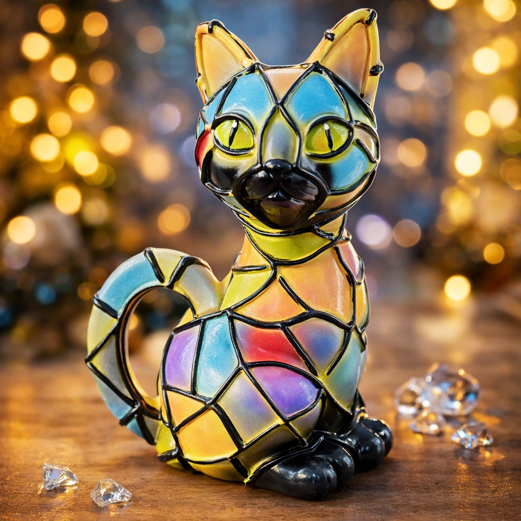 Moktan Sabai Tiffany-Style Black Cat Table Lamp Stained Resin Decorative Light Emerald Eyes