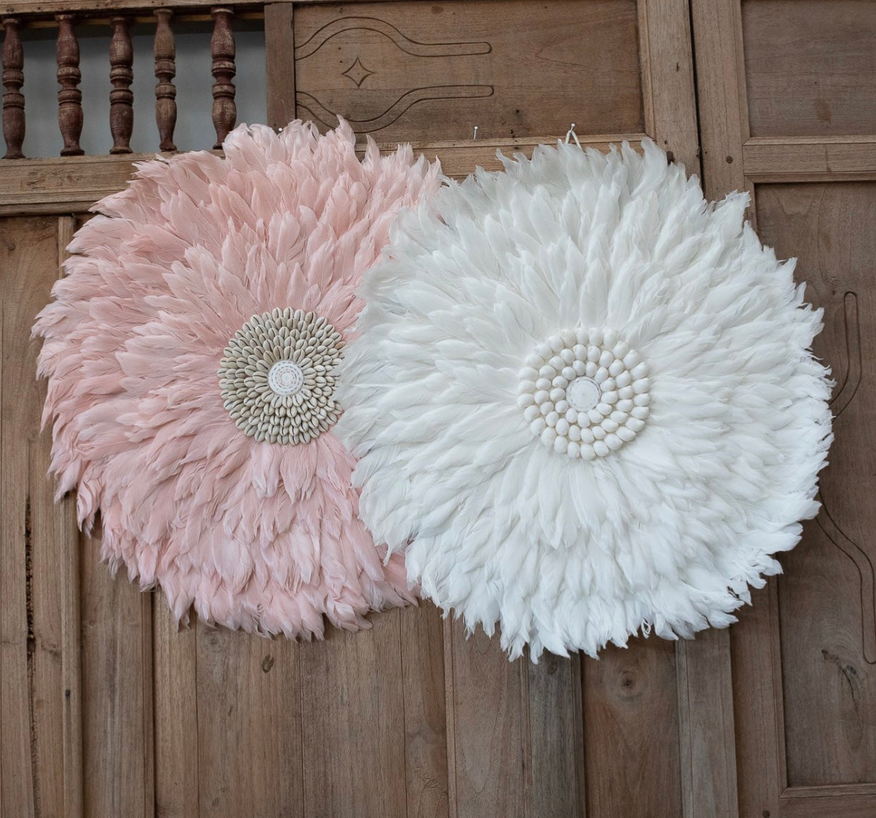 Moktan Sabai Feather Wall Hanging Juju Hat Decor with Shell or Mirror Center