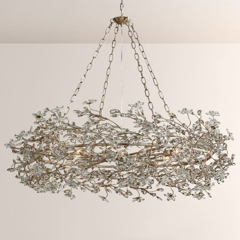 Moktan Sabai Large Crystal Floral Chandelier Iron Gold Leaf Ceiling Light