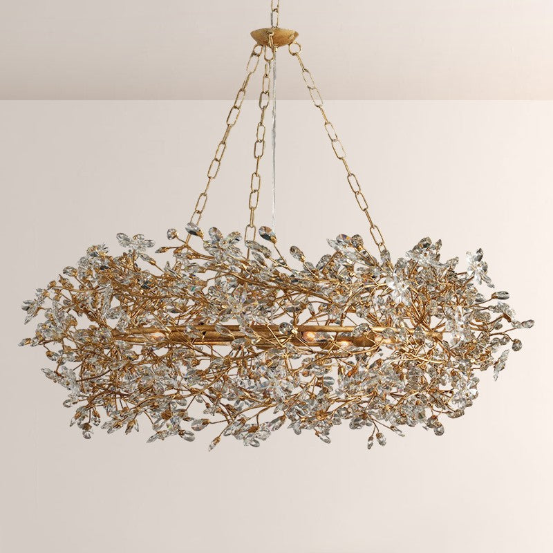 Moktan Sabai Large Crystal Floral Chandelier Iron Gold Leaf Ceiling Light