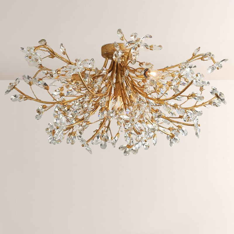 Moktan Sabai Crystal Floral Chandelier 28" 4-Light E12 Iron Ceiling Fixture GOLD 28"