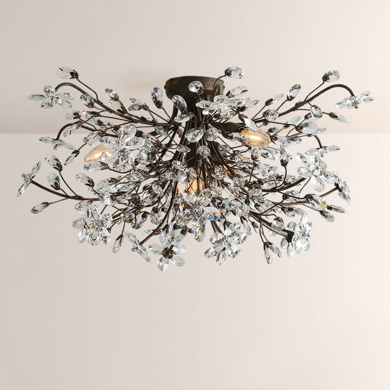 Moktan Sabai Crystal Floral Chandelier 28" 4-Light E12 Iron Ceiling Fixture BRONZE 28"