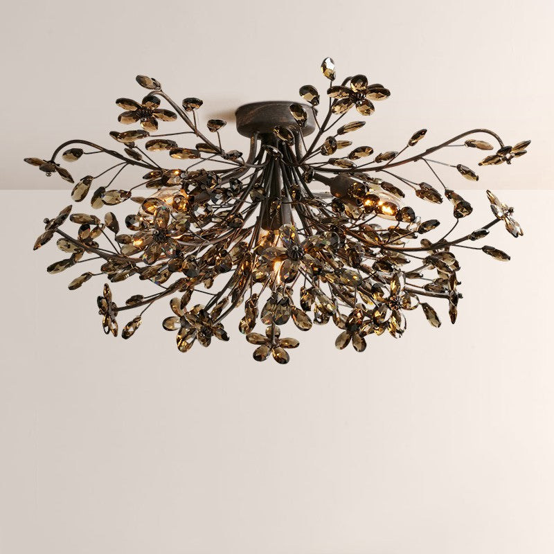 Moktan Sabai Crystal Floral Chandelier 28" 4-Light E12 Iron Ceiling Fixture BRONZE SMOKE 28"