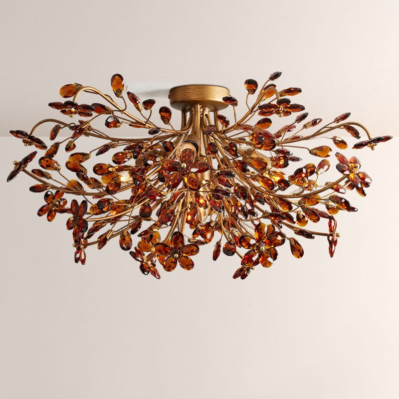 Moktan Sabai Crystal Floral Chandelier 28" 4-Light E12 Iron Ceiling Fixture BRASS AMBER 28"