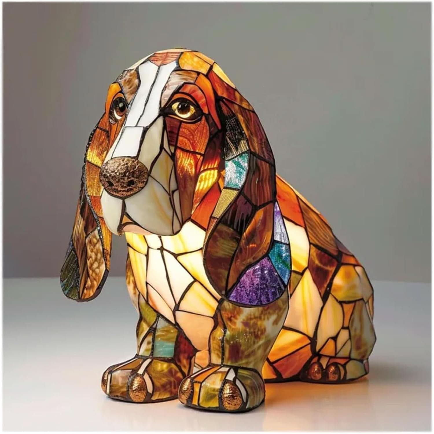 Moktan Sabai Art Deco Stained Glass Dog Table Lamp USB LED