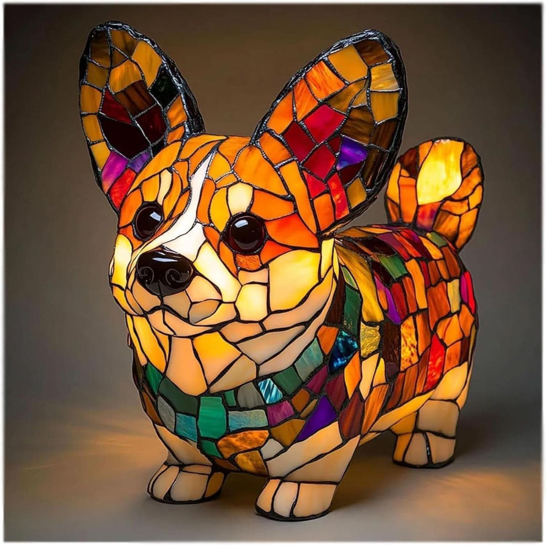 Moktan Sabai Art Deco Stained Glass Dog Table Lamp USB LED Corgi In Standing Pose 17cm 6.7in USB