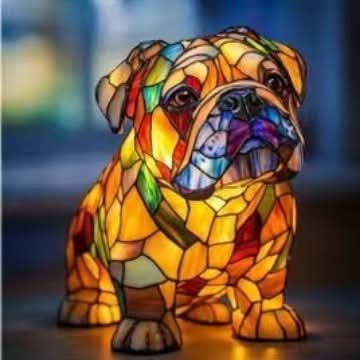 Moktan Sabai Art Deco Stained Glass Dog Table Lamp USB LED