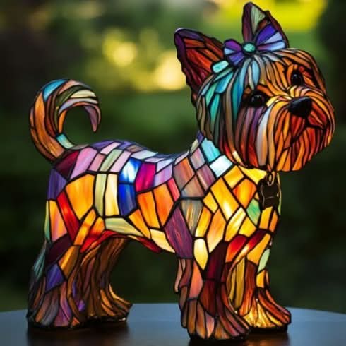 Moktan Sabai Art Deco Stained Glass Dog Table Lamp USB LED Yorkshire Terrier Type A 17cm 6.7in USB